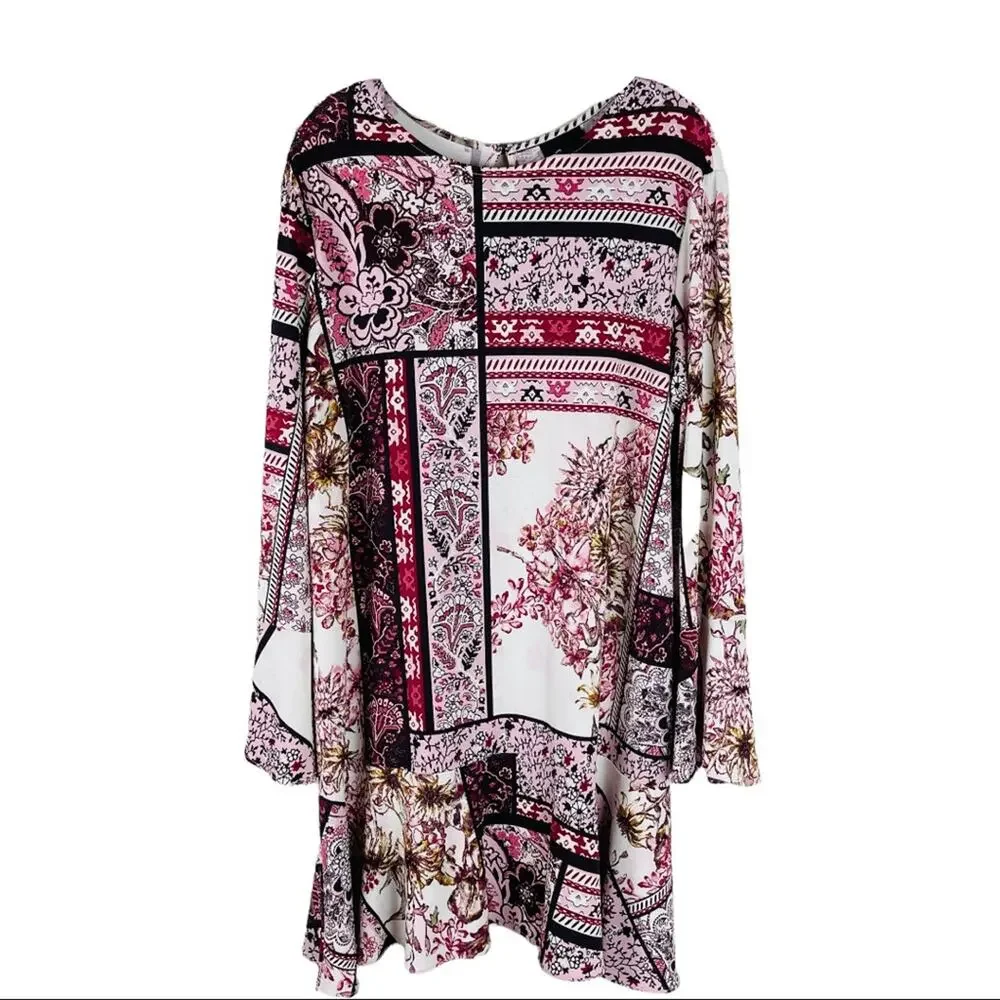 Eci cream pink floral boho stretchy ruffle dress XL